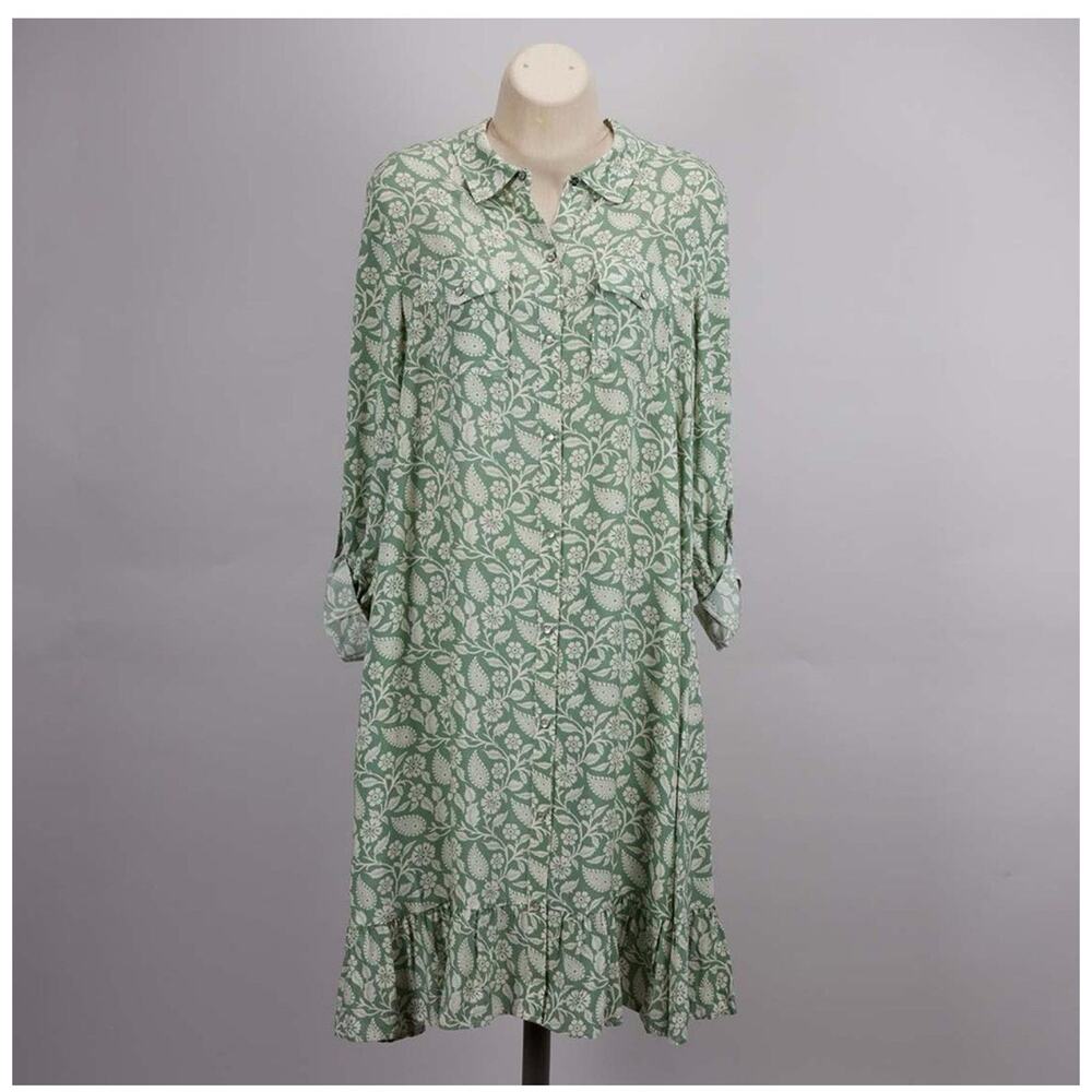 Women’s Paisley Green Shirt Dress With Roll Tab Sleeves Size XL